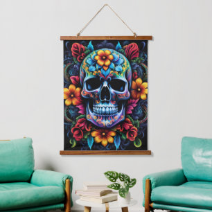 Tapiz de pared de cráneo de flores