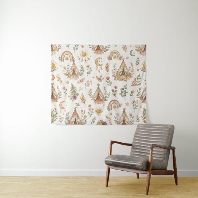 Tapiz de pared de guardería arcoíris acuarela boho (In situ (horizontal))