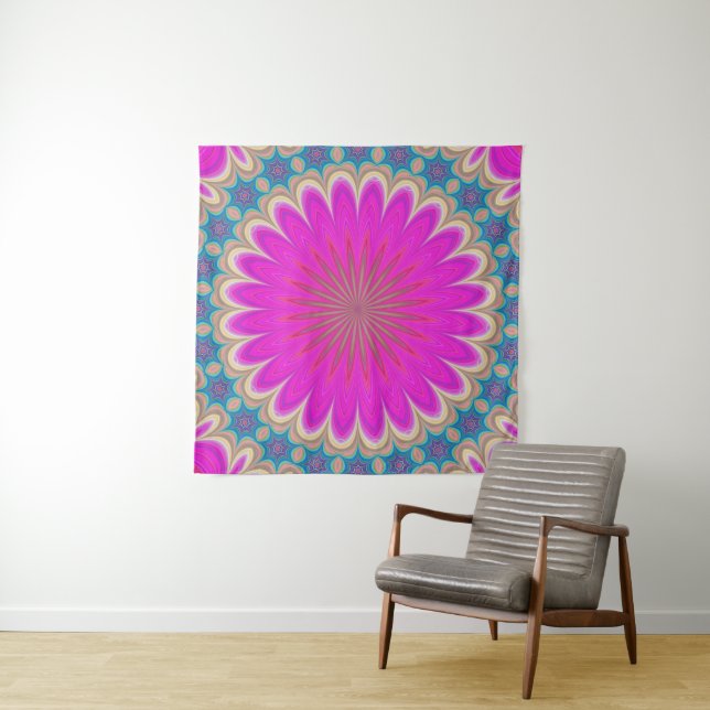 Tapiz de pared de mandala místico rosa y turquesa (In situ)