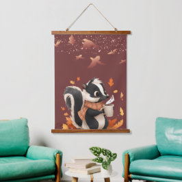 Tapiz de pared de mappache otoñal adorable con caf