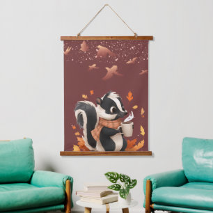 Tapiz de pared de mappache otoñal adorable con caf