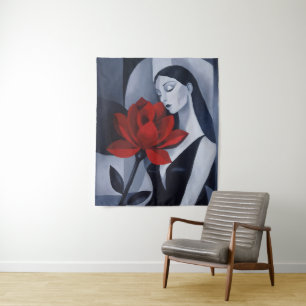 Tapiz de pared de mujer de arte moderno con rosa r