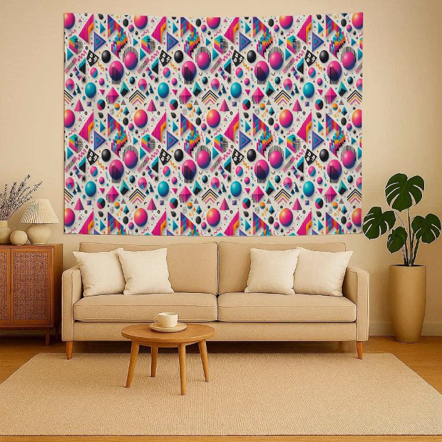 Tapiz de pared geométrico neón retro de los 90 Mem (Retro 90s Memphis Geometric Neon Bold Wall Tapestry)