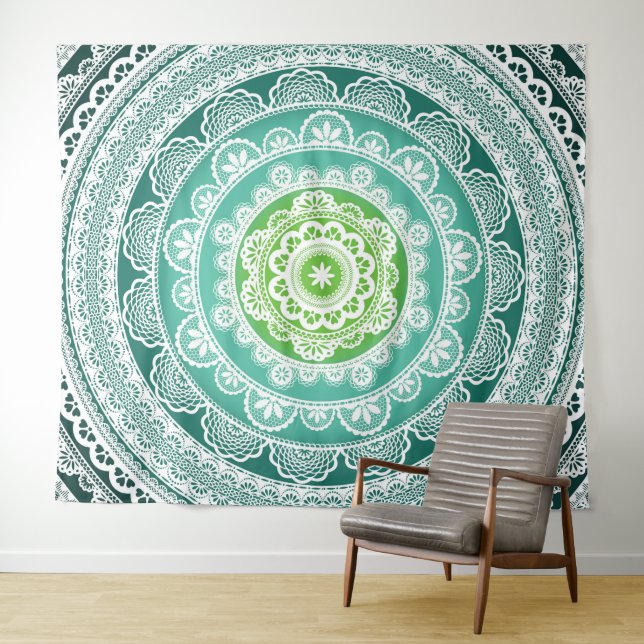 Tapiz de pared Mandala Verde Azul Teal (In situ (horizontal))