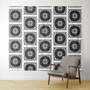 Tapiz de Patrón Floral Mandala Blanco y Negro