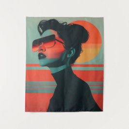 Tapiz de puesta de sol retro de mujer moderna y tr