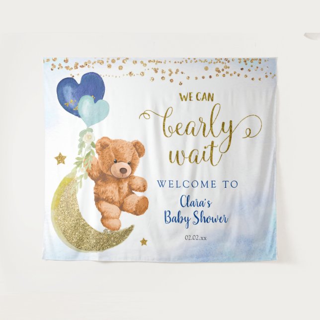 Tapiz de Rótulo Baby Shower con globo de oso azul (Anverso (horizontal))