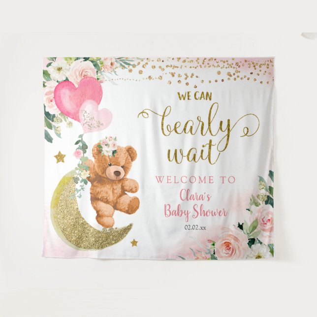 Tapiz de Rótulo Baby Shower con globo de oso rosa (Anverso (horizontal))