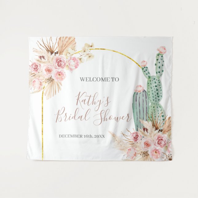 Tapiz de señaligen de fiesta de boda boho cactus f (Anverso (horizontal))