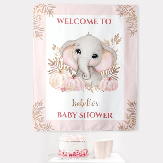 Tapiz de signos de bienvenida de Baby Shower rosa  (Fall Baby Shower Welcome Sign With Cute Elephant And Pumpkins In Pink)