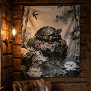 Tapiz de Tortuga Zen Arte con Tinta de Estanque
