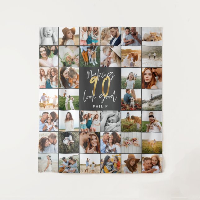 Tapiz de varias fotos de cumpleaños 90 moderno (Anverso)