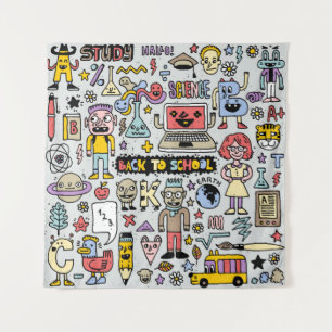Tapiz De vuelta a la escuela colorido conjunto de doodle