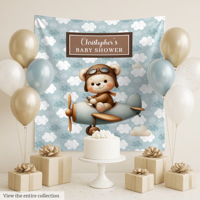 Tapiz Decoración de pared para baby shower de piloto con (Elegant teddy bear pilot baby shower wall decor Tapestry)
