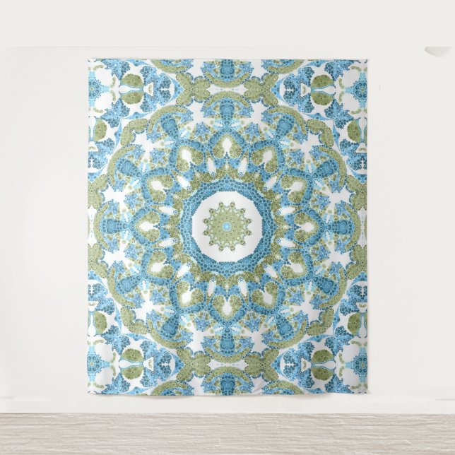 Tapiz decoración ornamental azul verde blanco (Anverso)