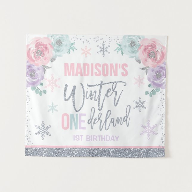 Tapiz Decoraciones de cumpleaños 1er invierno ONEderland (Anverso (horizontal))
