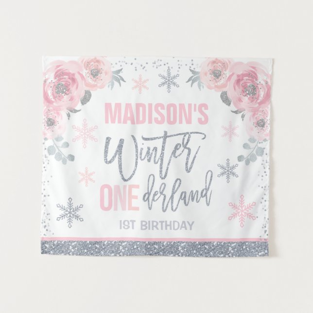 Tapiz Decoraciones de cumpleaños número 1 rosa de Winter (Anverso (horizontal))