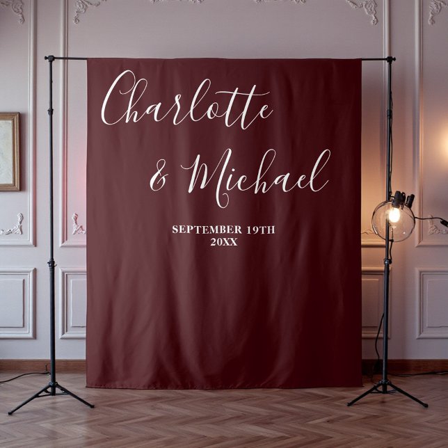 Tapiz Deep Burgundy Script Minimalist Wedding Backdrop (Subido por el creador)