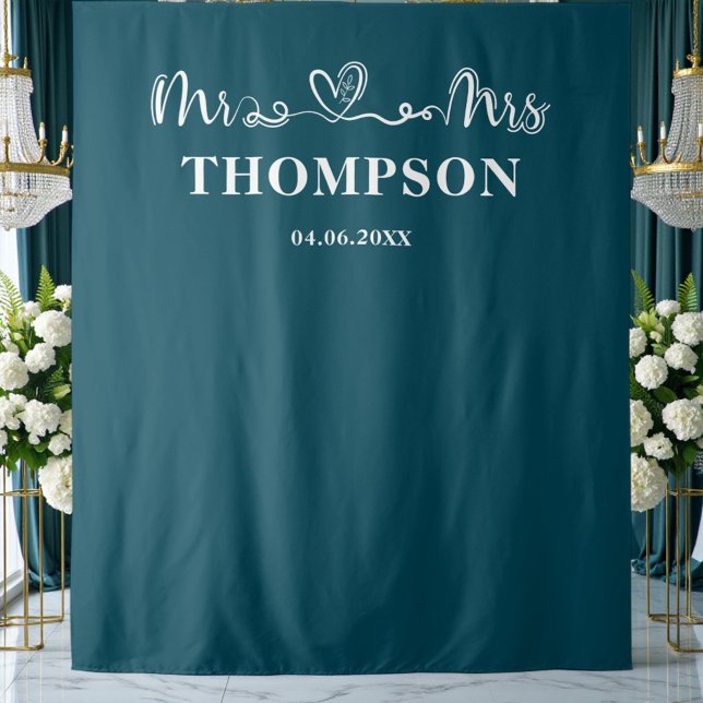 Tapiz Deep Teal | Mr and Mrs Elegant Simple Backdrop (Subido por el creador)