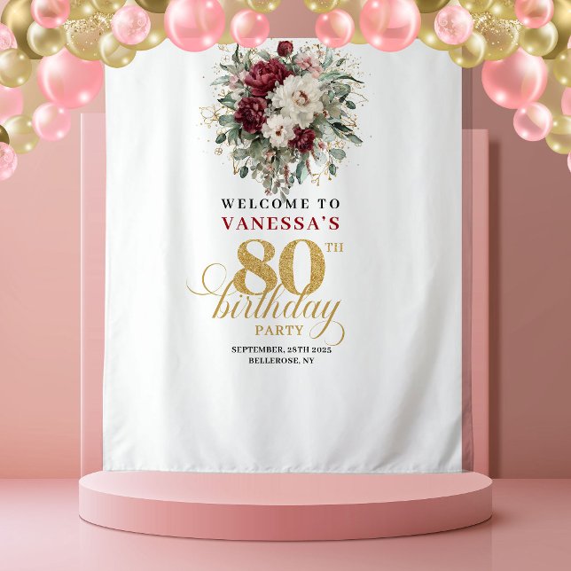 Tapiz del 80 cumpleaños Boho Borgoña Rubor (Boho Burgundy Blush 80th Birthday Tapestry)