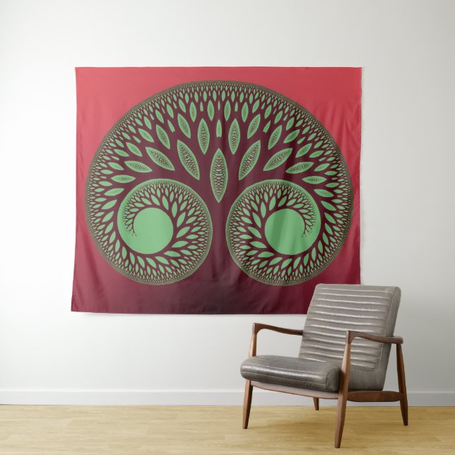 Tapiz del árbol espiritual caprichoso rojo y verde (In situ (horizontal))