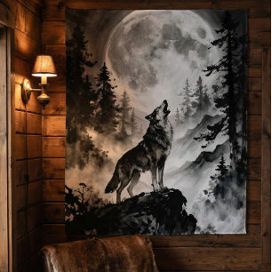 Tapiz del Lobo Aullando a la Luna Bosque Oscuro