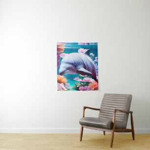 Tapiz Delfín colorido en un océano floral - Amante oceán