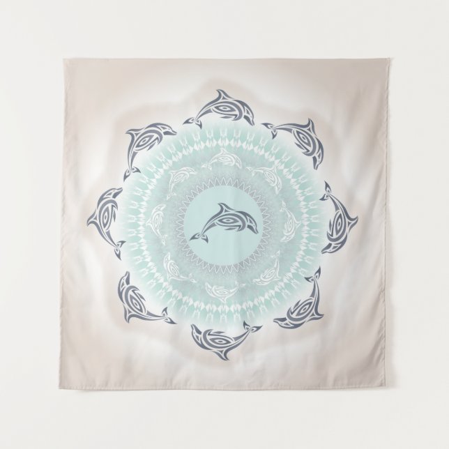 Tapiz Delfines Mandala Azul Taupe Costero (Anverso)