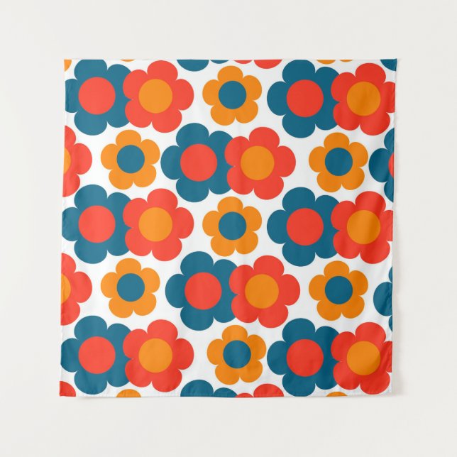 Tapiz Delicioso Retro Floral Azul y Naranja Alegre (Anverso)