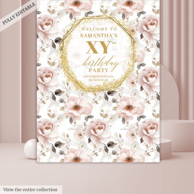 Tapiz Delicioso stand de fotos de cumpleaños floral rosa (Delightful Dusty Pink Floral Birthday Photo Booth Tapestry)