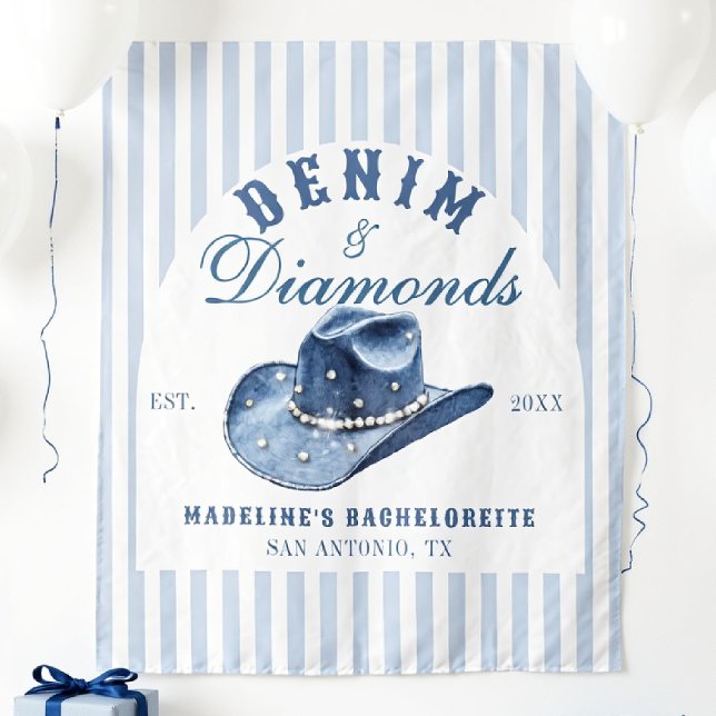 Tapiz Denim and Diamonds Bachelorette Backdrop Chowgirl (denim diamonds bachelorette backdrop photo booth hand drawn cowgirl hat blue white stripes)