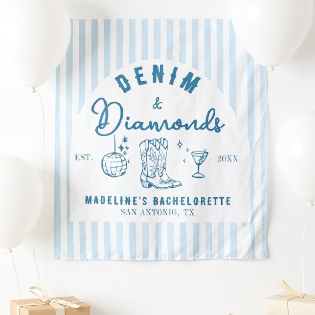 Tapiz Denim Diamonds Bachelorette Backdrop Hand Drake (denim diamonds bachelorette backdrop photo booth hand drawn cowgirl blue white arch)