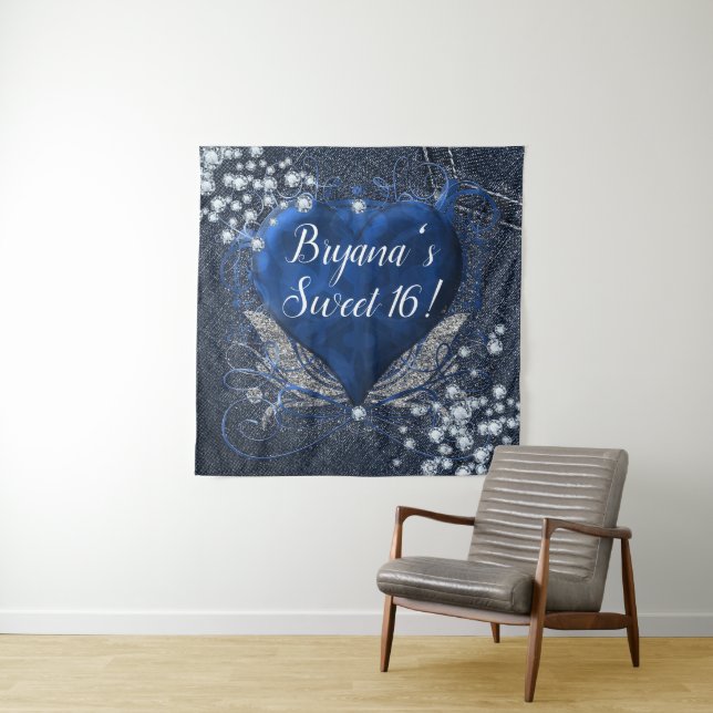 Tapiz Denim Diamonds Blue Heart Birthday Party Backdrop (In situ)