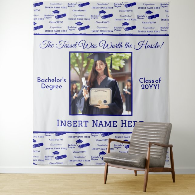 Tapiz Deseos de Graduación Diploma Cap Foto Fondo azul (In situ)