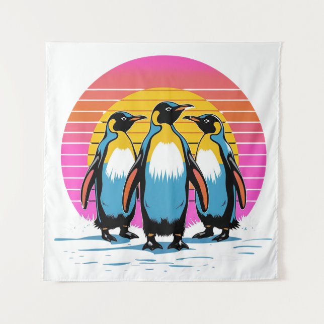 Tapiz Desfile pingüino - Familia Pingüino Retro Sunset (Anverso)