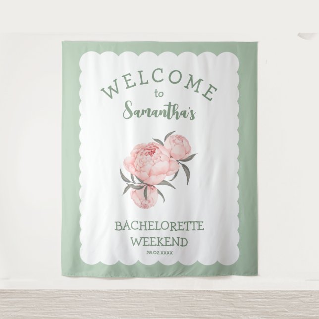 Tapiz Despedida de soltera rosa floral verde salvia (Anverso)