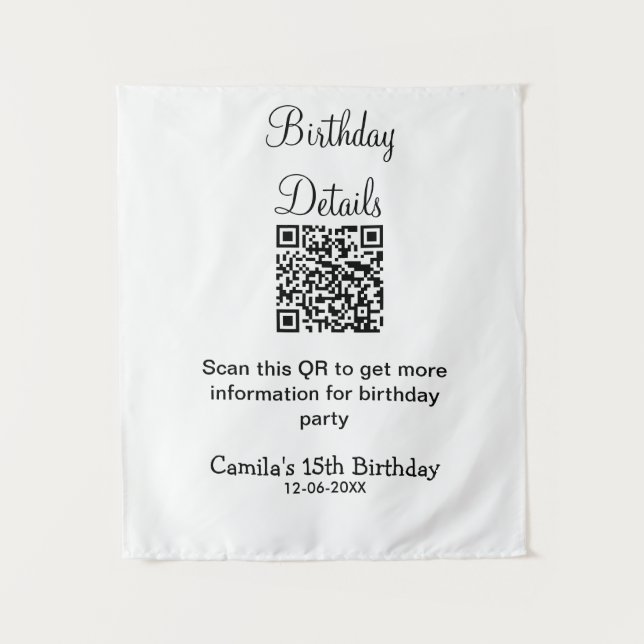Tapiz detalles de fiesta de cumpleaños escaneado QR mode (Anverso)