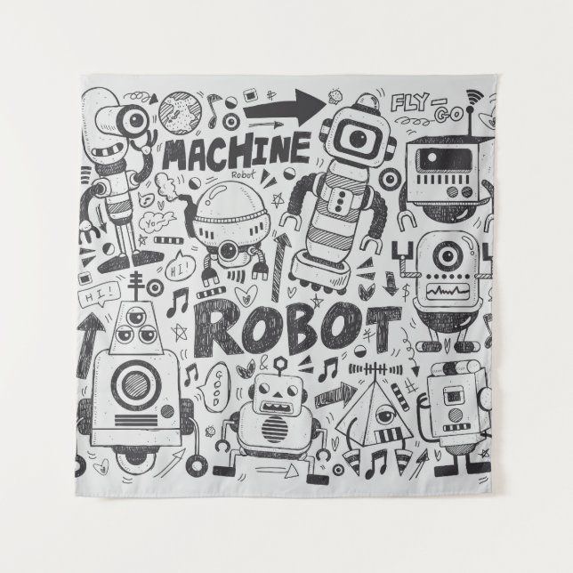 Tapiz Dibujo del ilustrador del robot Doodle (Anverso)