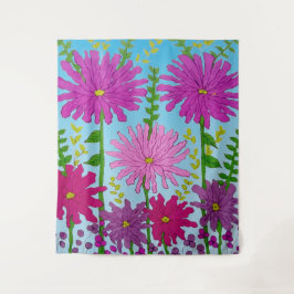 Tapiz Dibujo vivo de flores rosadas en azul