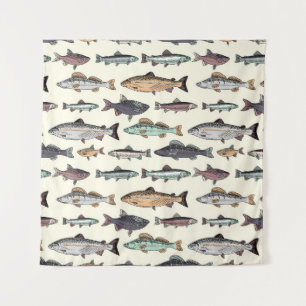 Tapiz Dibujos de peces de época, patrón sin costuras.