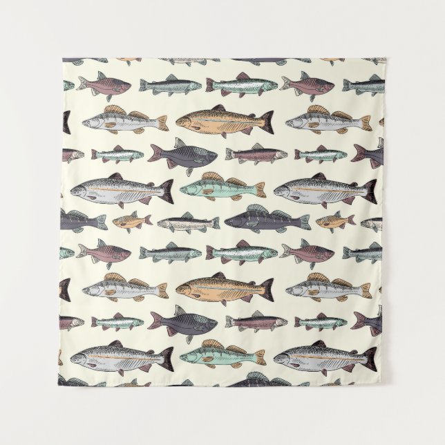 Tapiz Dibujos de peces de época, patrón sin costuras. (Anverso)