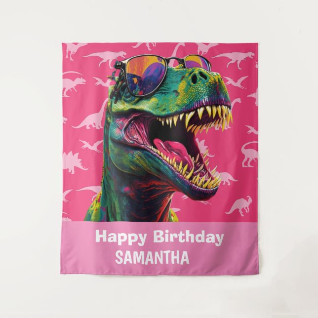 Tapiz Dinosaur Guay T Rex Fondo Rosa (Anverso)