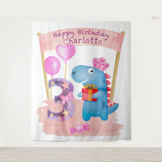 Tapiz Dinosaurio Cute Girly Personalizado 3 Años Cumplea (Anverso)