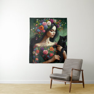 Tapiz Diosa Floral Mística con Gato Negro – Arte Fantást