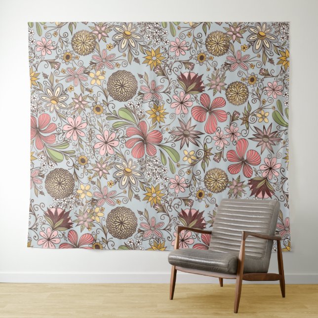 Tapiz Diseño de Doodles Florales Rosa Cute Girly Old Ros (In situ (horizontal))