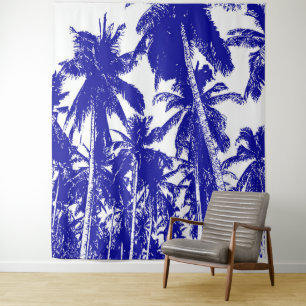 Tapiz Diseño de fondo de palmeras tropicales azul y blan