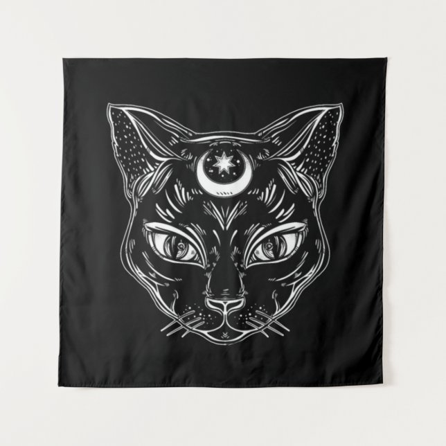 Tapiz Diseño de gato negro raven fondo negro (Anverso)
