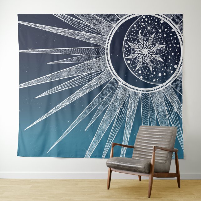 Tapiz Diseño de gradiente azul de la luna de sol blanca  (In situ (horizontal))