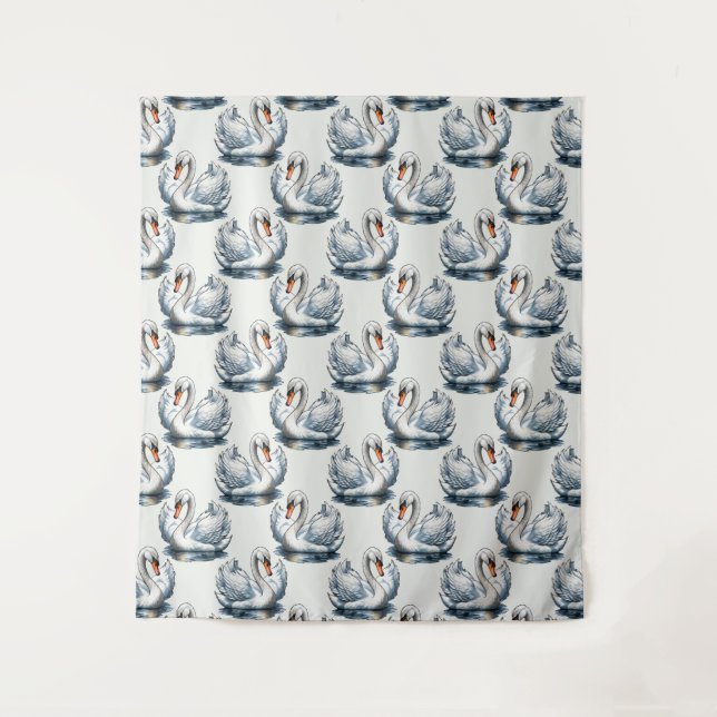 Tapiz Diseño de patrón de aves cisne en blanco  (Anverso)