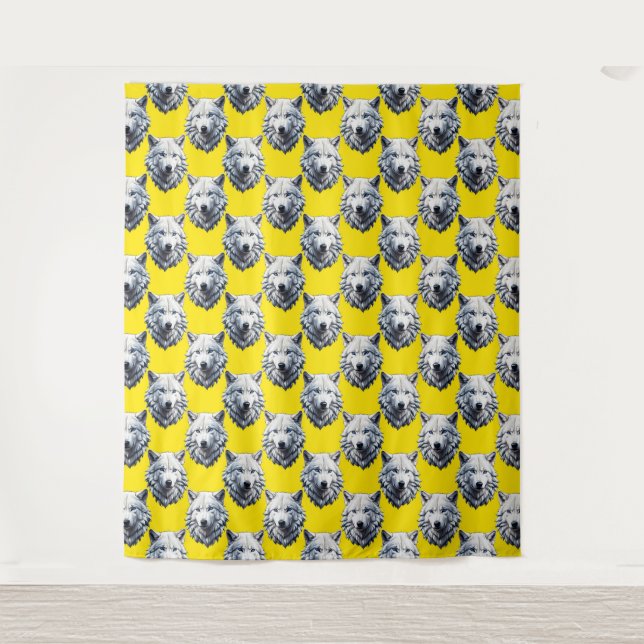Tapiz Diseño de patrón de cabeza de lobo blanco amarillo (Anverso)